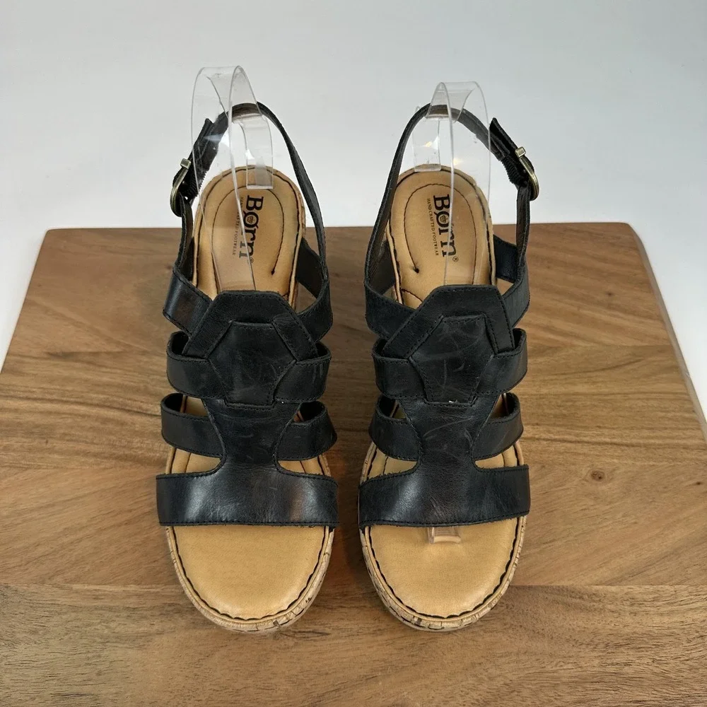 New Womens Born Bernese Black Leather Strappy Wedge Heeled Casual Sandals Size 9